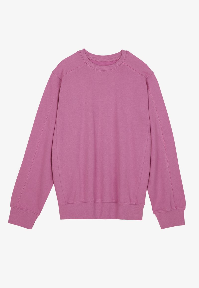 Cămașă cu guler rotund de culoare roz, realizată dintr-un material de bumbac moale. Prezintă mansete și tiv ribbate, cu o croială lejeră și mâneci raglan pentru confort.