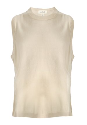 Beige ærmeløs top med rund halsudskæring. Fremstillet af glat materiale, med enkle linjer og en afslappet silhuet. Mellemlangt kant med ribbet detaljering.