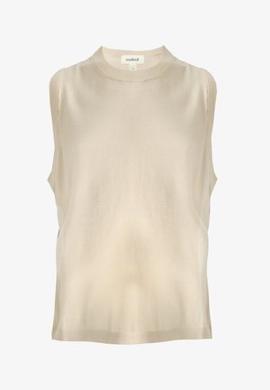 Bež majica bez rukava s okruglim izrezom. Izrađena od glatkog materijala, s jednostavnim linijama i opuštenim siluetom. Srednje dugačak rub s rebrastim detaljima.