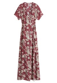 Robe portefeuille, manches courtes, longueur cheville, rose poudré avec imprimé floral tropical blanc et ceinture à nouer à la taille.