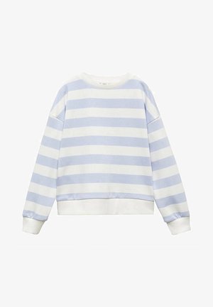 Maglione a maniche lunghe a righe orizzontali azzurro chiaro e bianco, con polsini, scollo e bordo a costine, mostrato su uno sfondo bianco semplice.