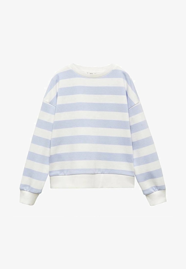 Pull à manches longues à rayures horizontales bleu clair et blanc avec poignets, encolure et ourlet côtelés, présenté sur un fond blanc uni.