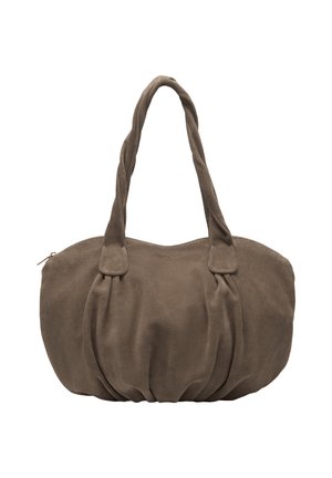 Braune Wildleder-Umhängetasche mit gerafften Details und gedrehten Griffen, Reißverschluss oben, weiche, abgerundete Form.