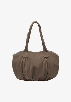 Braune Wildleder-Umhängetasche mit gerafften Details und gedrehten Griffen, Reißverschluss oben, weiche, abgerundete Form.