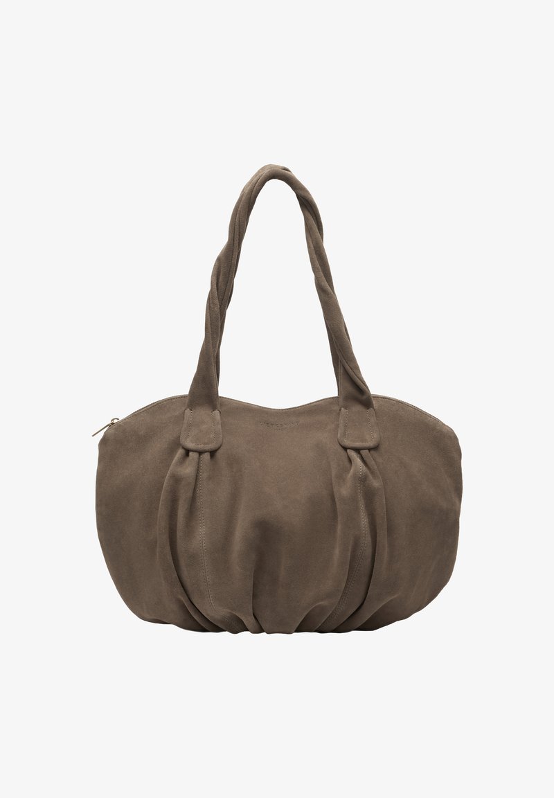 Braune Wildleder-Umhängetasche mit gerafften Details und gedrehten Griffen, Reißverschluss oben, weiche, abgerundete Form.