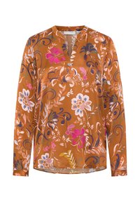 Langærmet bluse i brunt stof med et blomstermønster bestående af pink, lilla og blå blomster. V-halsdesign og afslappet pasform.