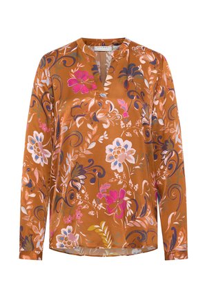 Langemouwen blouse van bruine stof met een bloemenpatroon van roze, paarse en blauwe bloemen. V-hals ontwerp en een casual pasvorm.