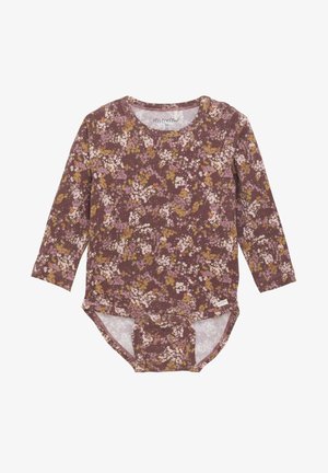 Langärmliger Body in Bordeauxrot mit einem Blumenmuster in Rosa- und Gelbtönen, aus weichem Baumwollstoff mit Rundhalsausschnitt.