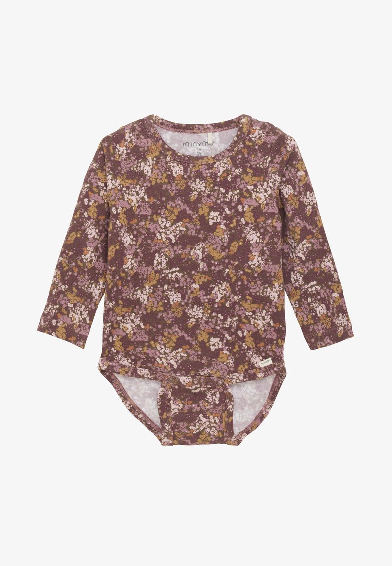 Langærmet bodysuit i burgunder med et blomstermønster i nuancer af pink og gul, lavet af blødt bomuldsstof med rund halsudskæring.