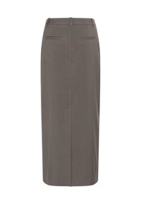 Dark gray pencil skirt, knee-length with a straight cut. Features a waistband, two back pockets, and smooth fabric texture.