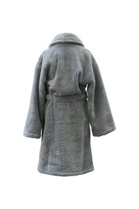 Accappatoio grigio in pile con maniche lunghe, colletto a scialle e cintura in vita. Tessuto morbido e testurizzato con una lunghezza media, progettato per il comfort.