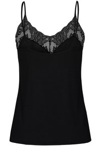 Zwarte tanktop met een kanten overlay in een bloemmotief op het lijfje, met dunne verstelbare bandjes. Gladde stofstructuur.