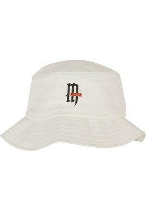 White bucket hat made of cotton, featuring a black logo with Cyrillic text, wide brim, and stitched detailing along the edges.