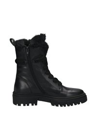 Schwarze Lederstiefelette mit dicker Gummisohle, seitlichem Reißverschluss, Schnürung auf der Vorderseite und weichem Kunstfellfutter, das oben sichtbar ist.
