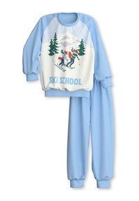 Lichtblauwe sweatshirt met een witte voorkant featuring een ski-thema grafiek en de tekst "SKI SCHOOL", gecombineerd met bijpassende lichtblauwe broek.
