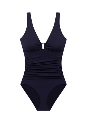 Tengerészkék egyrészes fürdőruha mély V-nyakkal, ráncolt oldalrésszel és apró fémes díszítéssel a közepén. Sima, rugalmas anyagból készült.