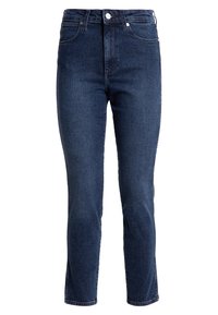 Donkerblauwe, high-waisted jeans gemaakt van denim, met vijf zakken, een ritsluiting en een licht getailleerd ontwerp met raw hem randen.