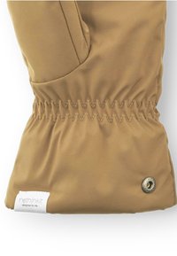 Braune wasserdichte Handschuhe mit gerafftem Handgelenk, glatter Textur und einem Logoanhänger mit dem Text "rethinkit designed for life."