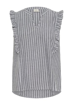 Szürke és fehér csíkozott, ujjatlan felső V-nyakkivágással és fodros díszítéssel a vállak mentén. Puha, könnyű anyag, laza fazonnal.
