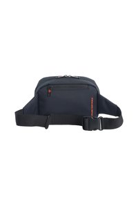 Borsa a tracolla nera realizzata in tessuto resistente; presenta una tasca frontale con zip, una tracolla regolabile e un'accentuata scritta arancione.