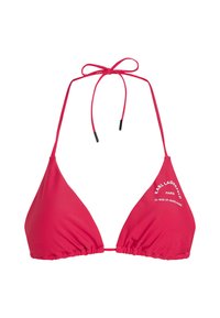 Top bikini a triangolo rosso con spalline sottili, bordi arricciati e un dettaglio logo stampato sul lato sinistro. Tessuto liscio, design minimal.
