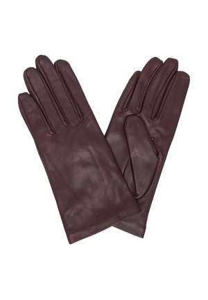 Coppia di guanti in pelle marrone scuro con finitura liscia, mostrati affiancati con le dita estese, su sfondo bianco.