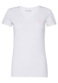 White V-neck t-shirt made from cotton, featuring short sleeves and a small pink triangle logo on the left chest area. Smooth texture.
