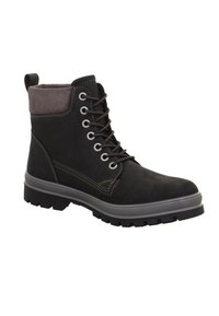 Černá kožená kotníková bota s šedým nubukovým límcem, hnědým prošíváním a kulatými šnůrkami, vybavená robustní gumovou podrážkou s protiskluzovými drážkami.