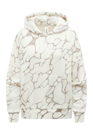 Kremfarget hettegenser med lysebrunt abstrakt marmormønster, kengurulomme foran, snøring i hetten og ribbestrikkede mansjetter og kant.