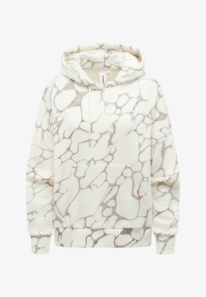 Cream-colored hoodie with light brown abstract marble pattern, front kangaroo pocket, drawstring hood, and ribbed cuffs and hem.