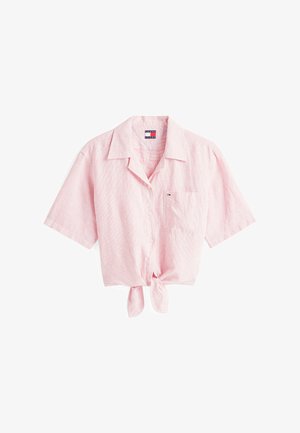 Kortærmet lyserød skjorte med knaplukning og knude i taljen, med en brystlomme og stribet tekstur. Materiale af bomuld.