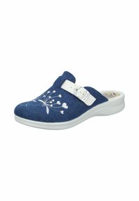 Navy blue slip-on slipper with white floral embroidery, adjustable white strap with silver buckle, and white cushioned sole.