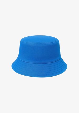 Cappello a secchiello blu realizzato in tessuto strutturato, con una sommità arrotondata e una tesa larga e flessibile con dettagli a coste alla base.