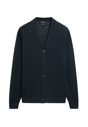 Dunkel marineblauer V-Ausschnitt-Cardigan mit langen Ärmeln und fünf Knöpfen vorne, auf weißem Hintergrund dargestellt.