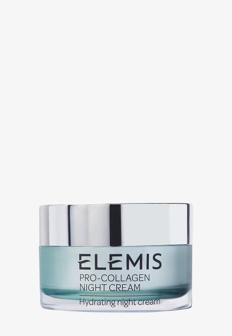Petit pot de crème de nuit Elemis Pro-Collagen avec un couvercle argenté et un contenant bleu clair étiqueté comme crème de nuit hydratante.