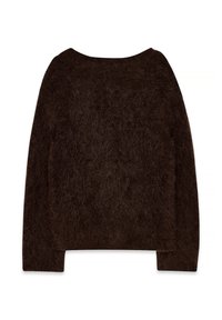Brown, fuzzy sweater with long sleeves and a wide neckline. Soft texture with a loose fit and minimal detailing, no patterns or accents.
