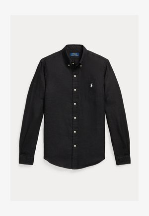 Czarna koszula z długim rękawem zapinana na guziki, z kołnierzykiem i białym haftowanym logo Polo Ralph Lauren na lewej piersi.