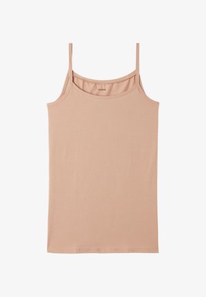 Débardeur beige nude avec fines bretelles, en tissu doux et extensible, doté d'un col rond et d'une silhouette ajustée.