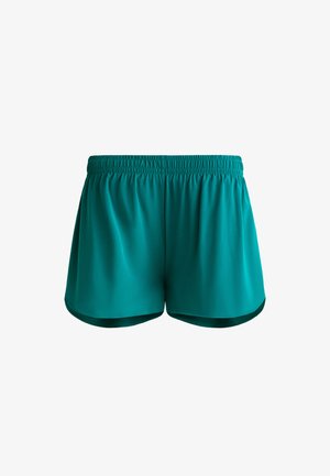 Szmaragdowe szorty sportowe wykonane z gładkiego, lekkiego materiału, z elastycznym pasem i zaokrąglonym dołem dla większej wygody i swobody ruchów.