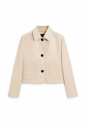 Beige verkürzte Jacke aus glattem Stoff, mit einem Reverskragen, Knopfverschluss vorne und zwei großen Fronttaschen. Schwarze Knöpfe betonen das Design.