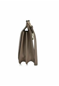 Torebka skórzana w kolorze tan o strukturalnym designie, z akcentami z złotego metalu i podwójnymi uchwytami, z gładką teksturą i pionowymi szwami.