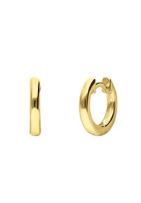 Boucles d'oreilles en or avec une surface polie, présentant un design arrondi, légèrement creux. Le mécanisme de fermeture est intégré à la structure de la boucle.