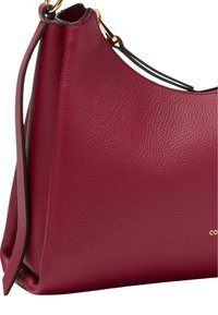 Borsa in pelle bordeaux con texture liscia, forma curva e dettaglio dorato. Presenta una tracolla sottile e una base piatta per garantire stabilità.