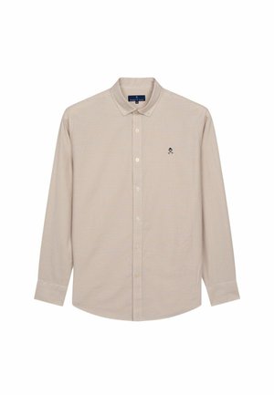 Een lichtbeige overhemden met knopen, voorzien van een klein geruit patroon, lange mouwen, een klassieke kraag en een subtiel logo op de borst.