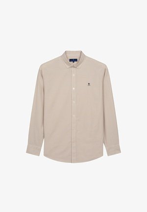Een lichtbeige overhemden met knopen, voorzien van een klein geruit patroon, lange mouwen, een klassieke kraag en een subtiel logo op de borst.