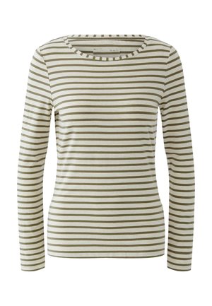 Long-sleeve crew neck shirt with olive green and white horizontal stripes, slim fit, featuring a small brand label inside the neckline.