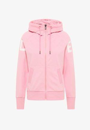 Pink zip-up hoodie with drawstrings, two front pockets, raglan sleeves, and textured letters "D" and "E" on the sleeves. Soft fabric texture.