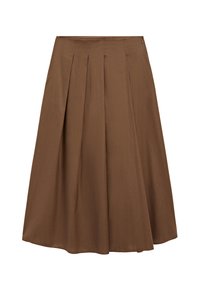 Jupe midi marron évasée en ligne A avec plis sur le devant et fermeture éclair latérale, confectionnée en tissu lisse.