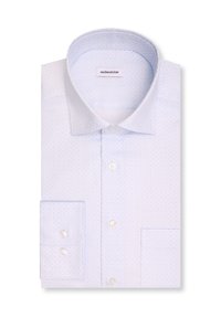 Chemise homme bleu clair avec un motif discret, fermeture boutonnée, poignet à double bouton et col classique, soigneusement pliée.