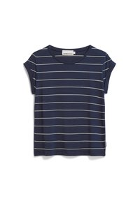 Navy blue short-sleeve t-shirt with white horizontal stripes. Soft cotton material, round neckline, and rolled sleeve cuffs. Brand label visible.